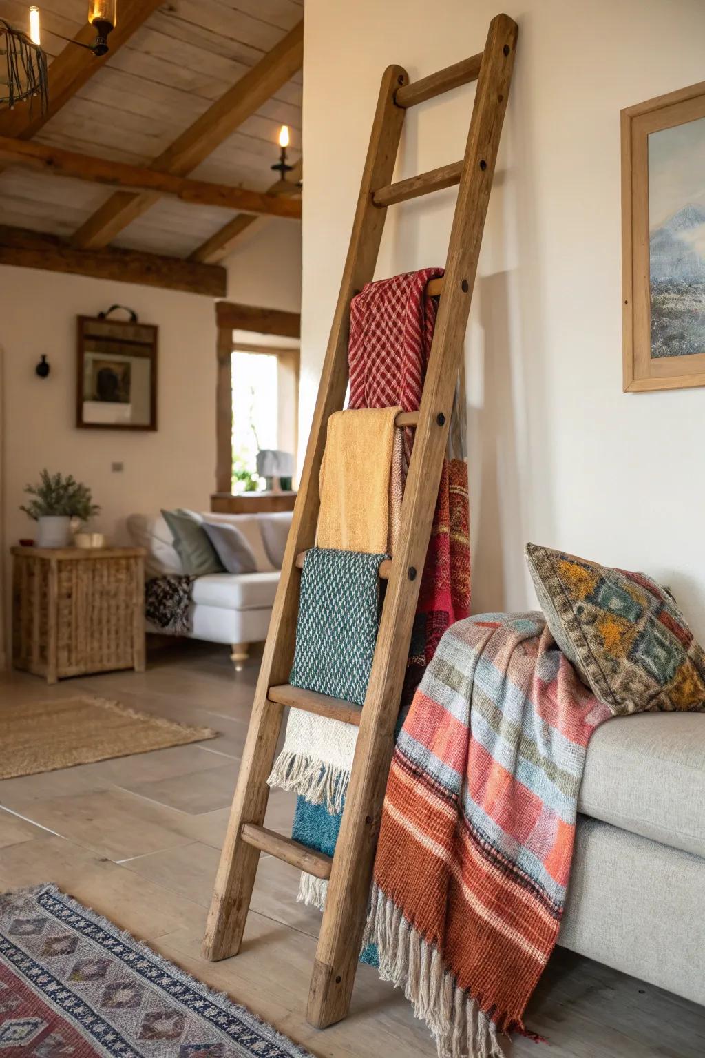 A ladder comforter display brings warmth and visual interest to any room.