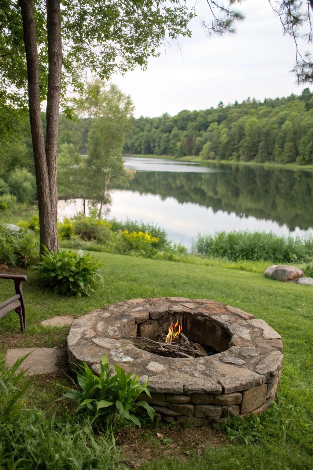 A quaint circular stone hearth flawlessly enhances the inherent splendor of the lake.