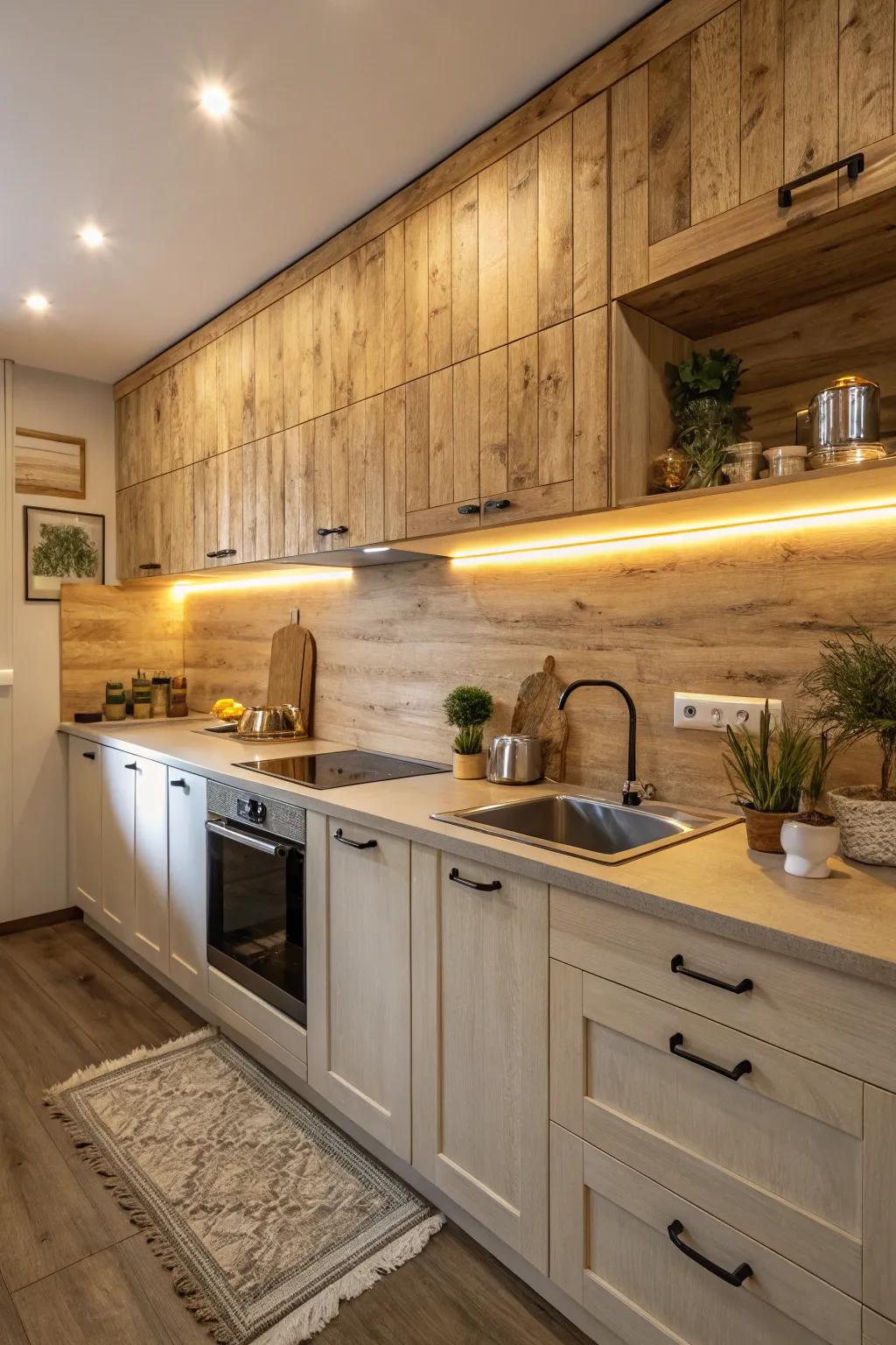 Layered flooring mimicking wood enriches your kitchen with a cozy, countryside appeal.