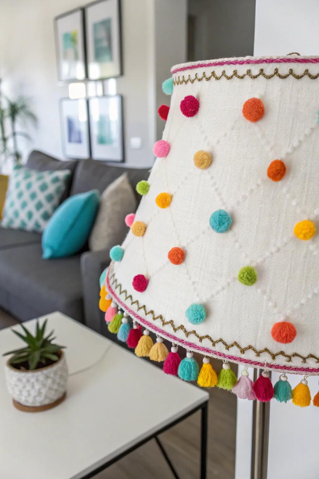 Infuse a fun atmosphere with pom-pom trim on your lampshade.