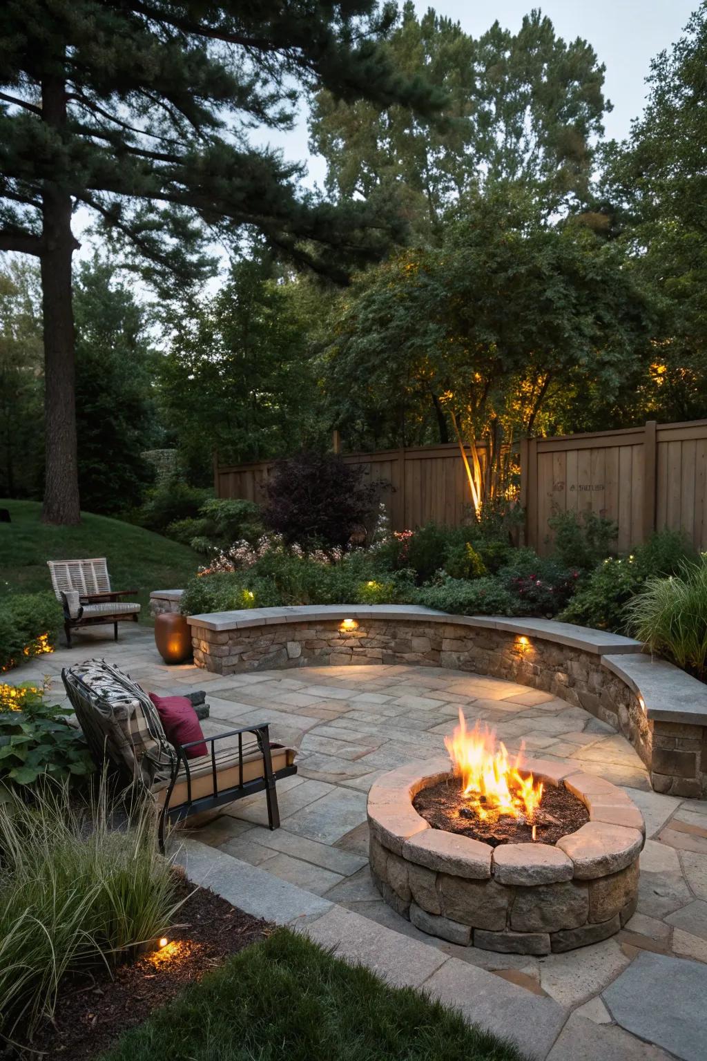 An attractive fire pit area featuring stone chairs, ideal for nighttime gatherings.