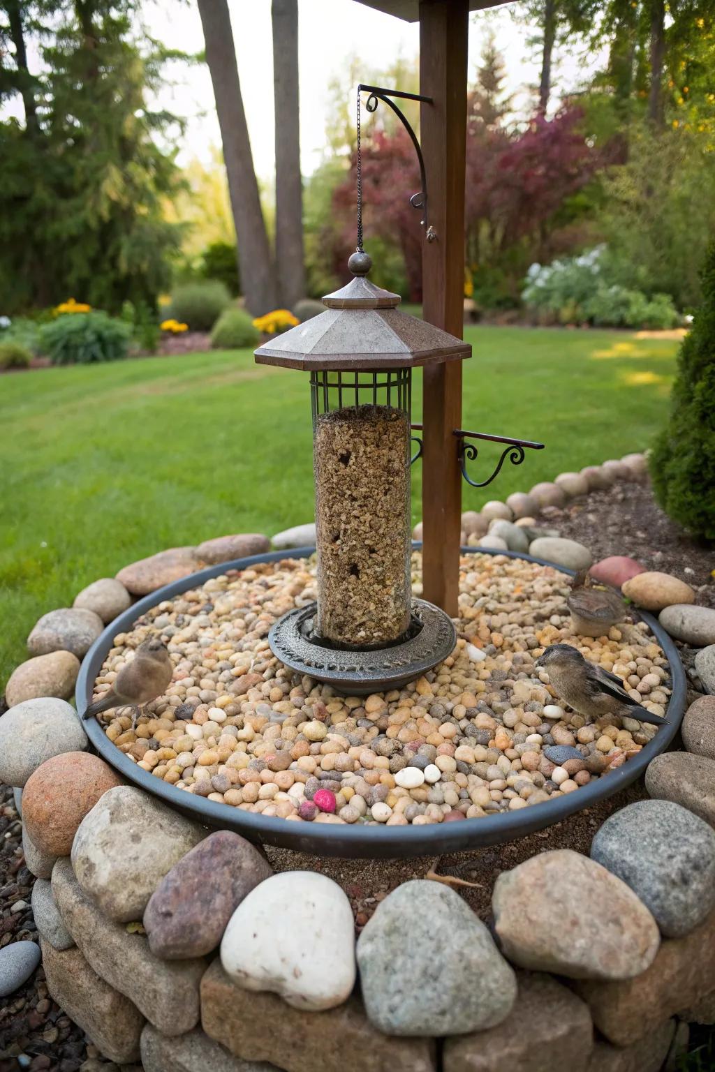 A stone border brings a sense of order and refinement to your bird feeder setup.