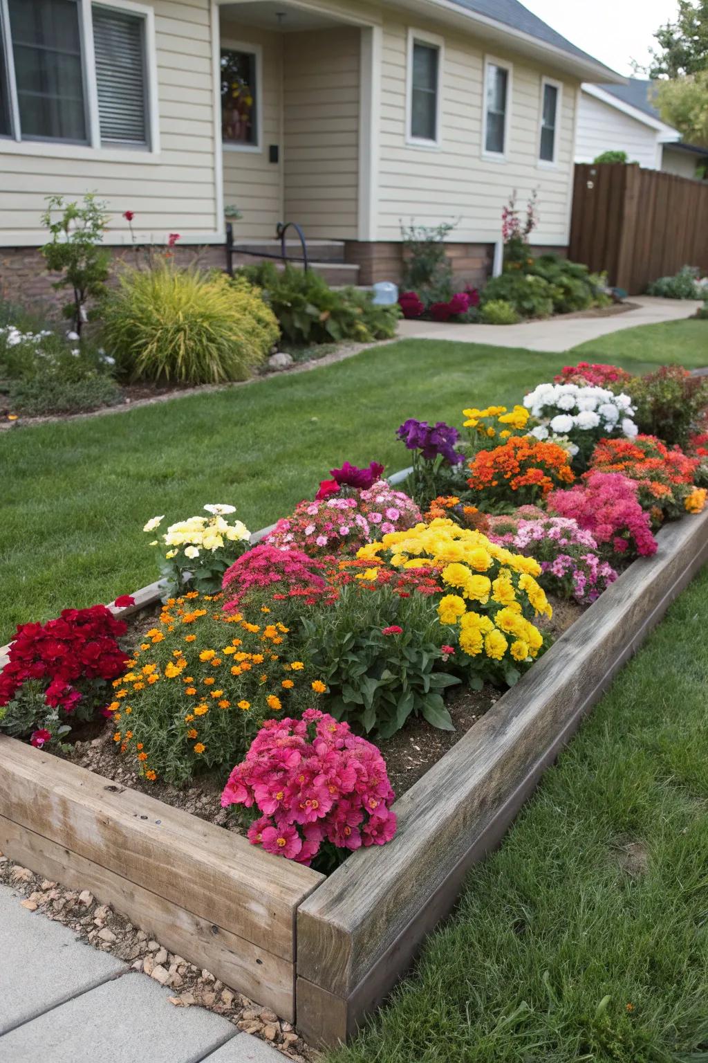 A vibrant flower bed introduces a burst of color and vitality to the yard.