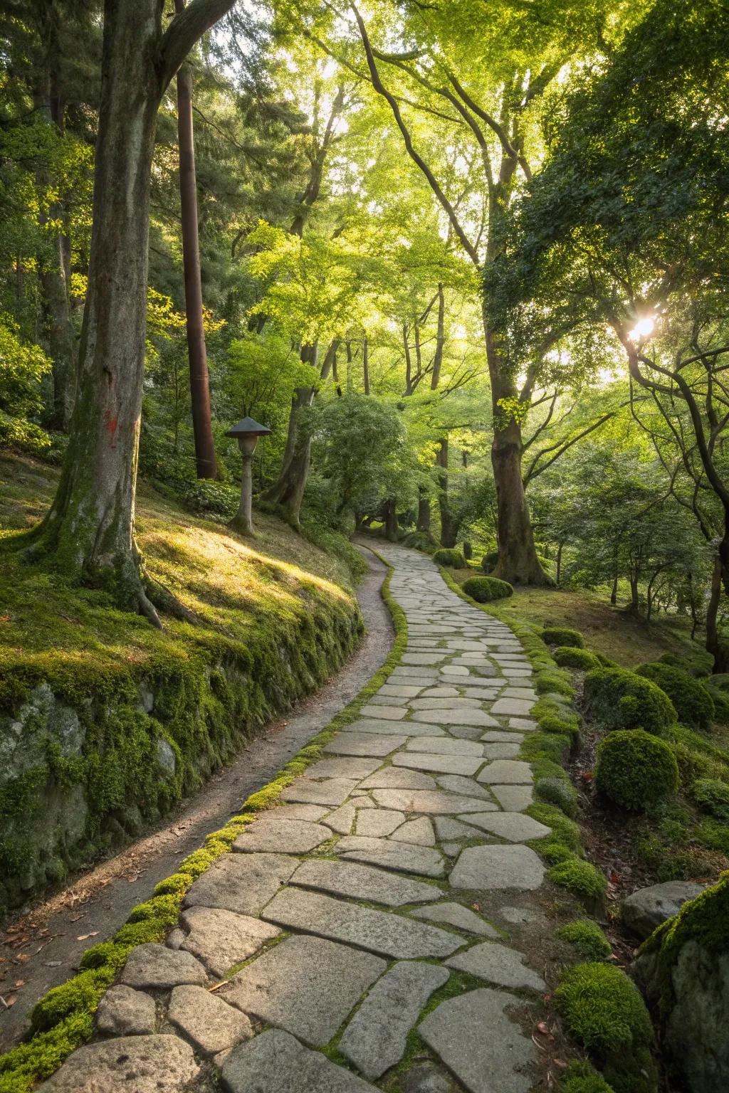 A curved stone path meandering through a forest with sunlight filtering through the trees.
