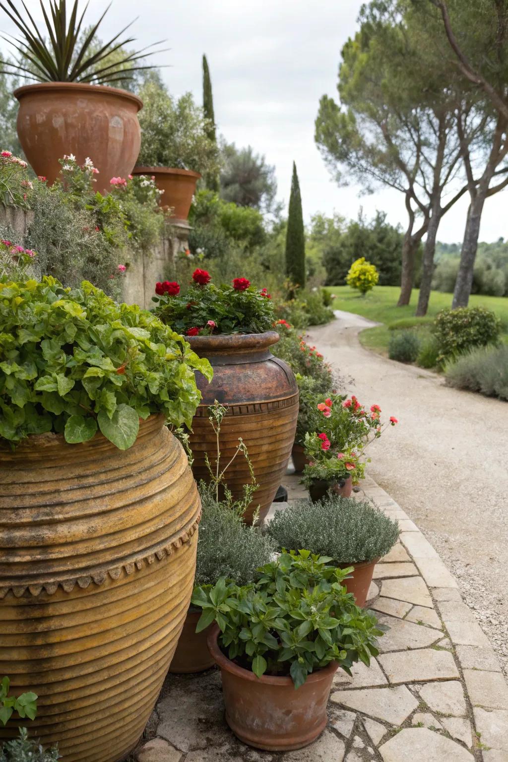 A charming variety of pot materials for an individualized garden aesthetic.