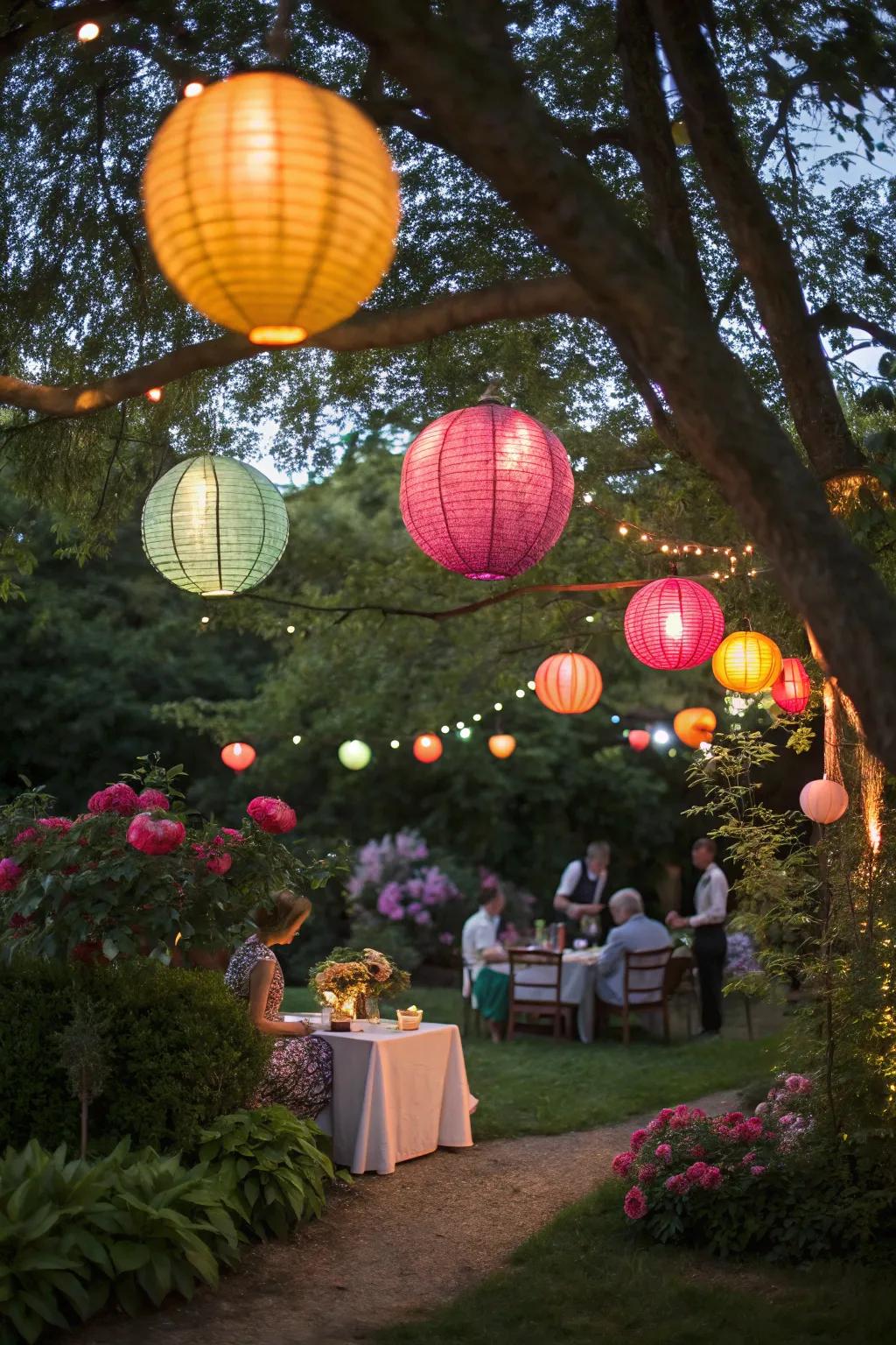 Vibrant paper lanterns bring a sense of playfulness to an outdoor gathering.