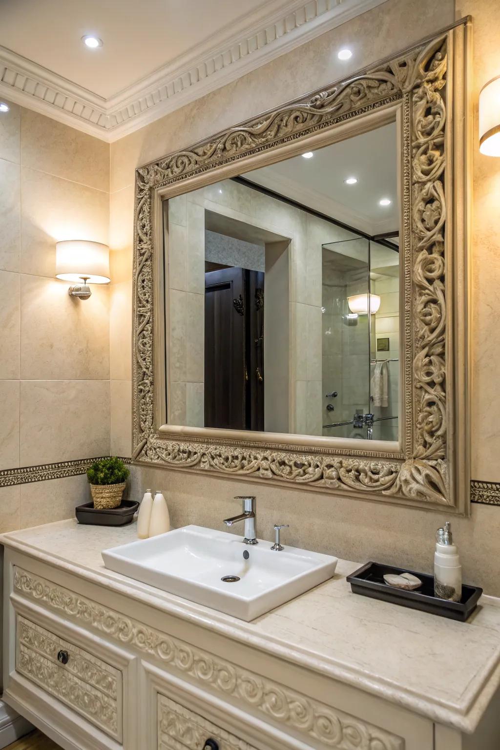 A beautifully framed mirror can enhance the sophistication of your bathroom space.