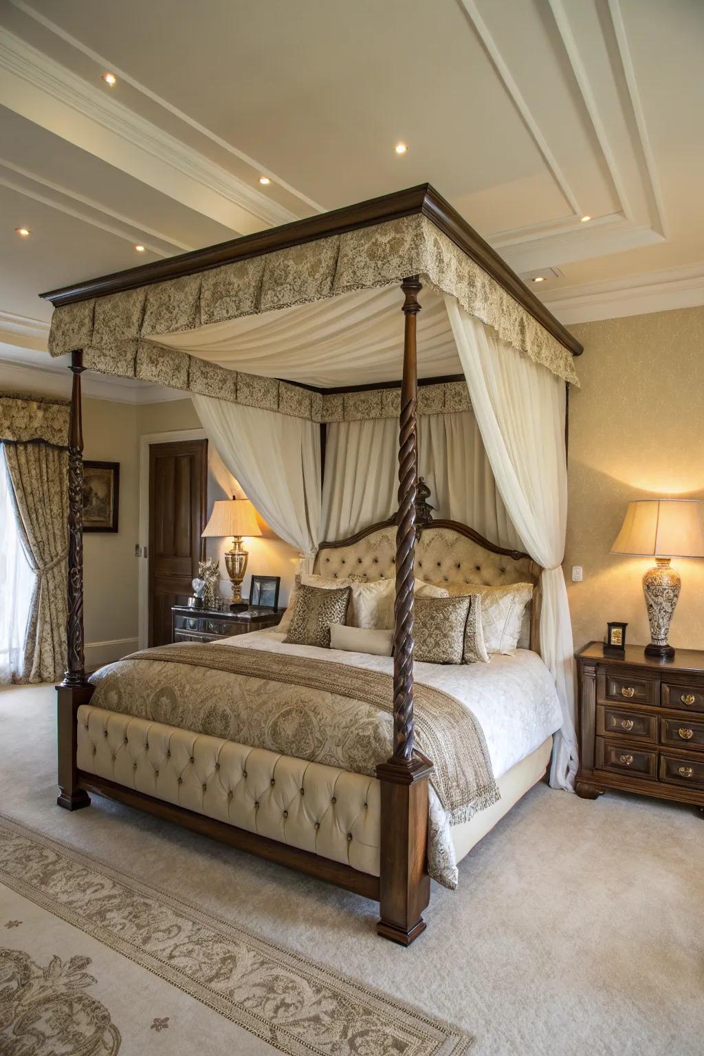 A majestic pinnacle bed defines the large bedroom's aesthetic, instilling both harmony and sophistication.