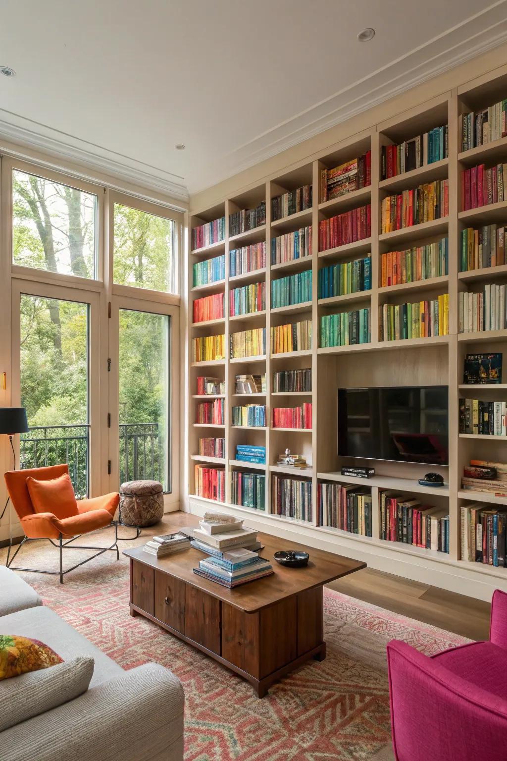 Bookshelves that reach from floor to ceiling bring an air of grandeur to this inviting living space.