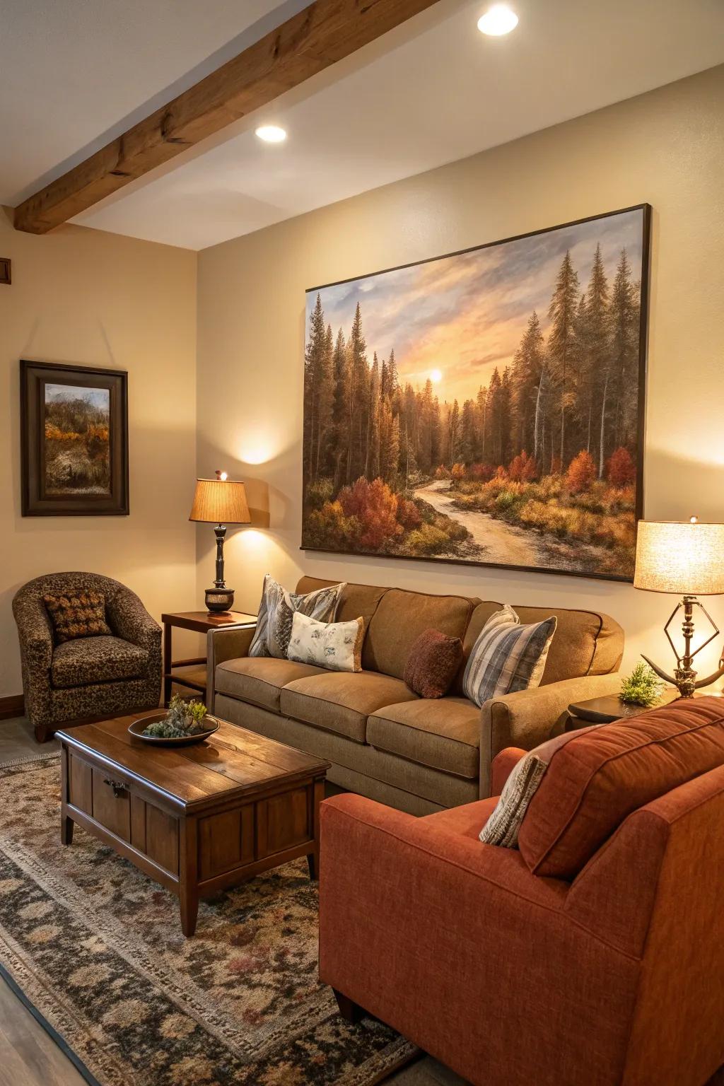 A painting of a forest scene brings the serenity of the outdoors into the home.