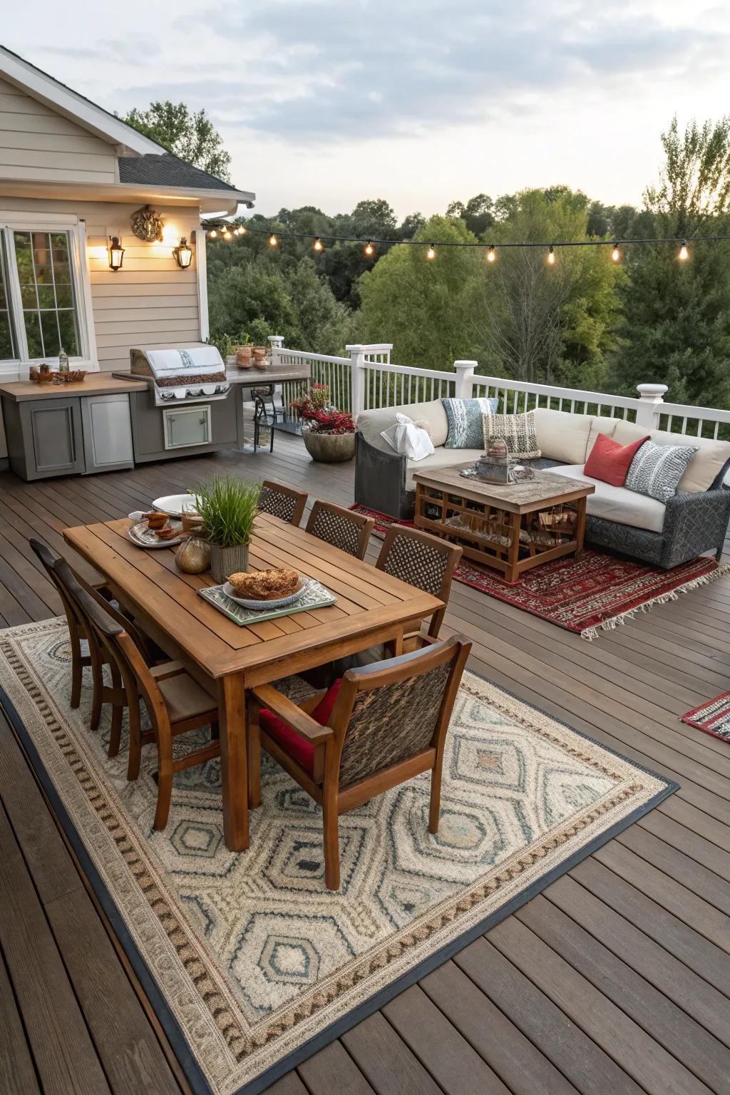 Employ floor coverings to differentiate spaces on your deck for diverse activities.