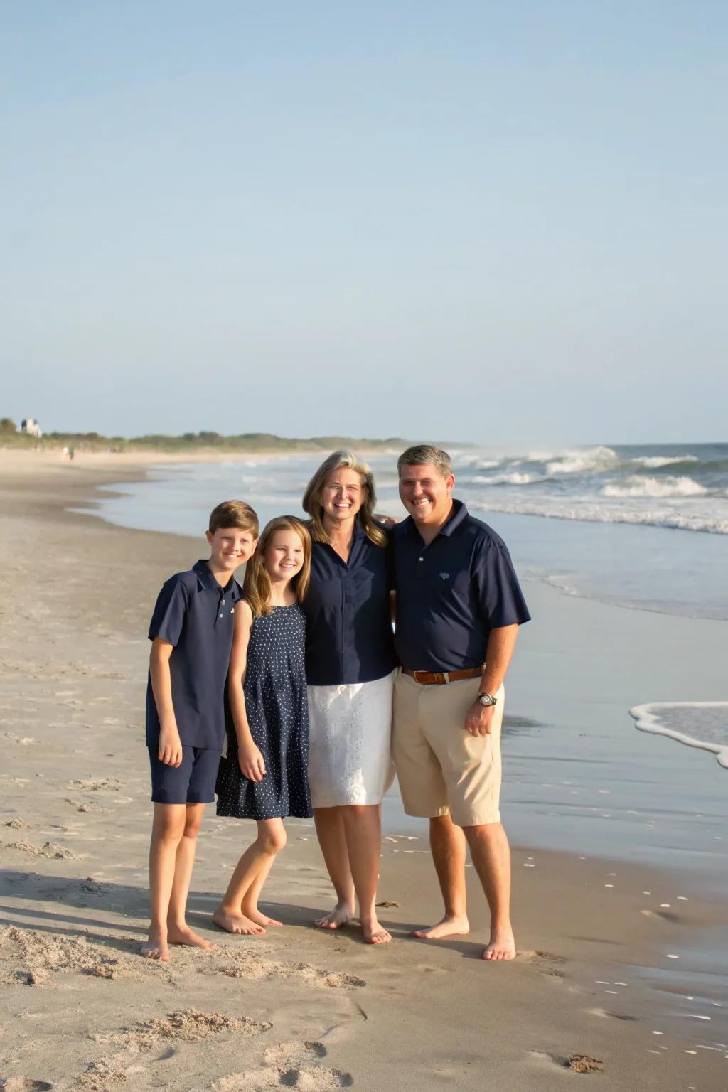 Navy and cream outfits create a classic look perfect for beach settings.
