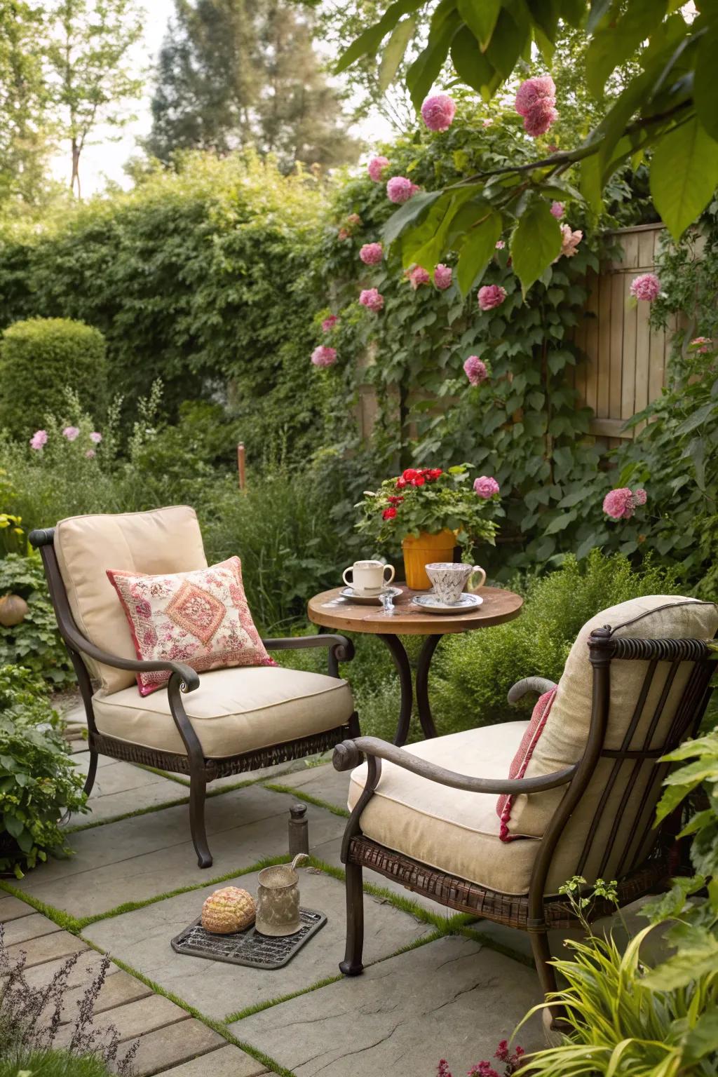 A comfortable seating arrangement nestled in a vibrant garden nook.