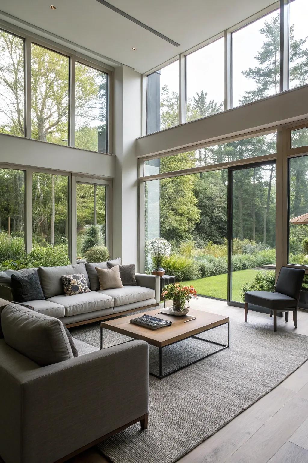 A living room designed with floor-to-ceiling windows that soften the boundary between the interior and exterior.