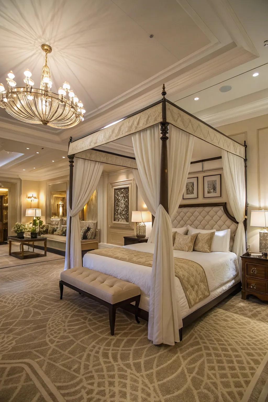 A striking canopy bed is the focal point of this large master bedroom.