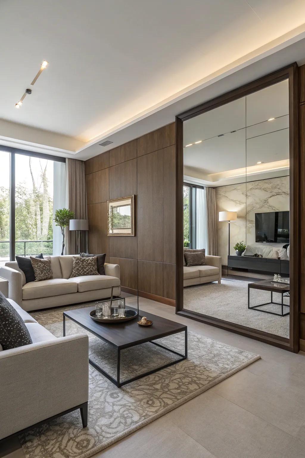 An expansive wall reflector artfully fabricates the semblance of augmented space within this sophisticated living area.