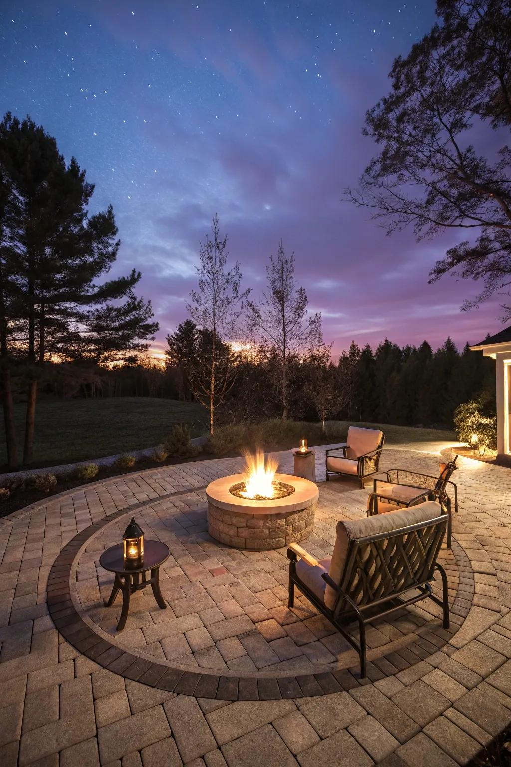 The radiant glow of a fire pit enlivens this spacious patio.