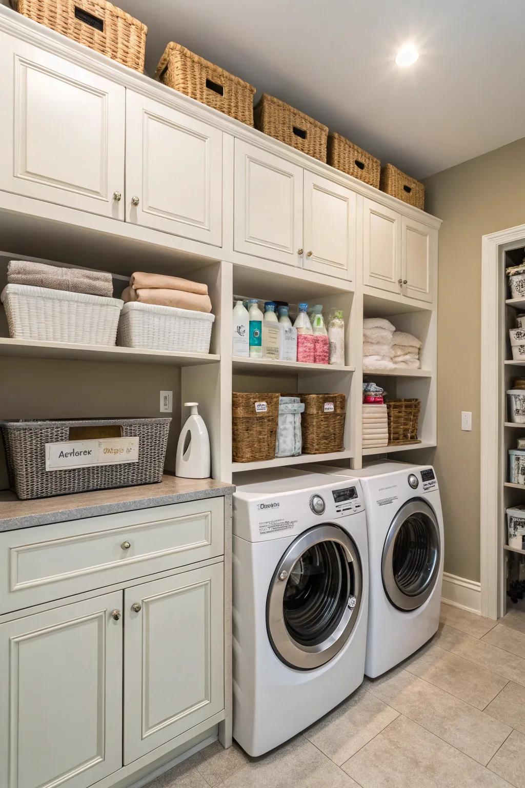 Vertical storage options keep your laundry room neat and efficient.