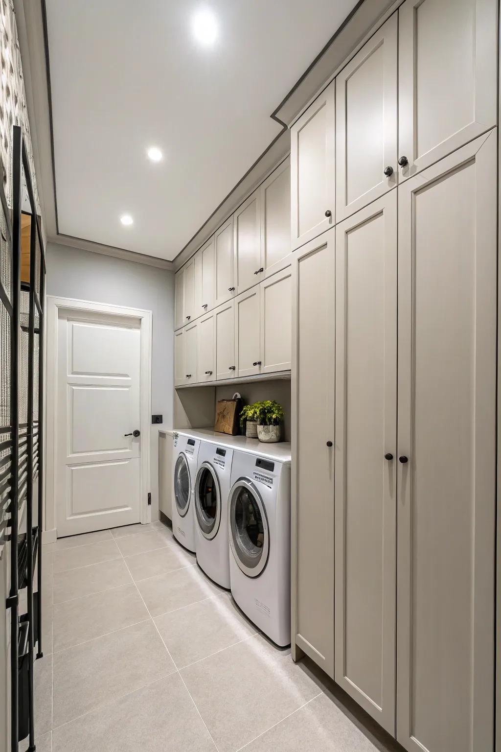 Use vertical cabinets to make the most of storage in small laundry rooms.