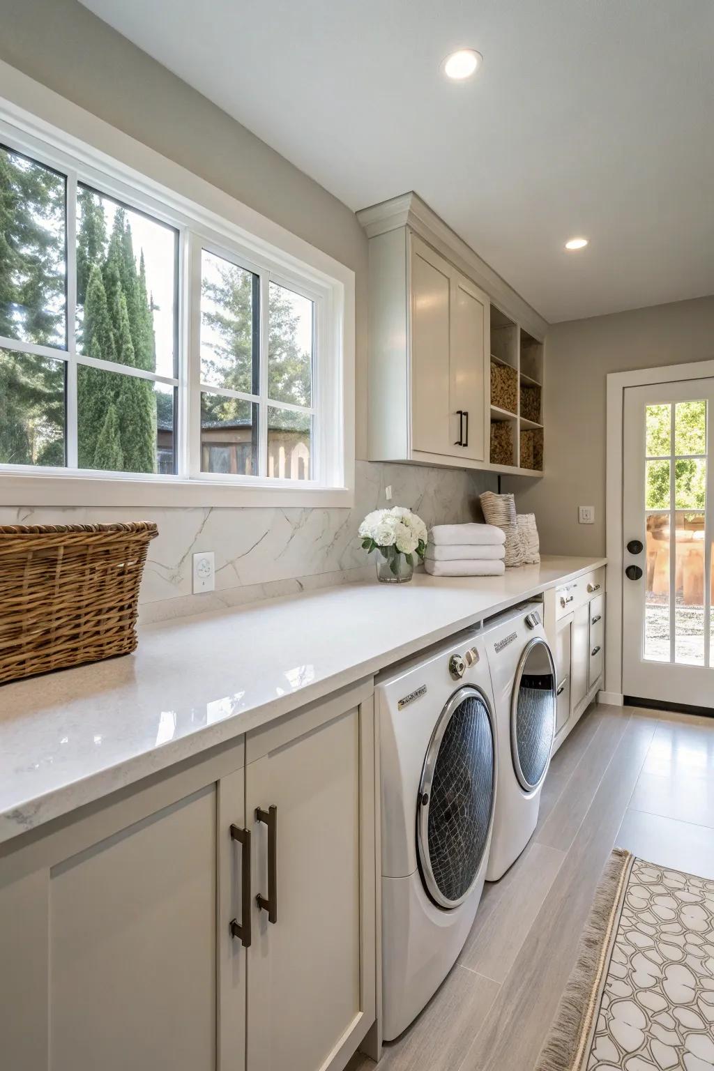 A laundry room showcases resilient and fashionable quartz worktops.