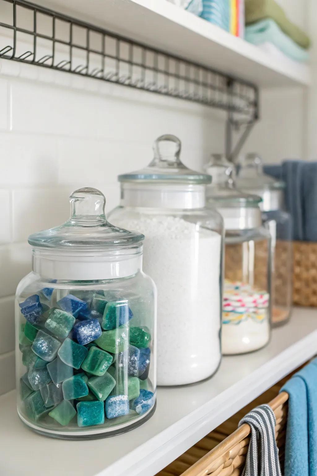 Transparent vessels showcase your laundry essentials elegantly.