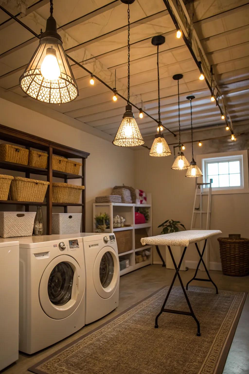Pendant lights enhance high-ceilinged laundry rooms with grace.