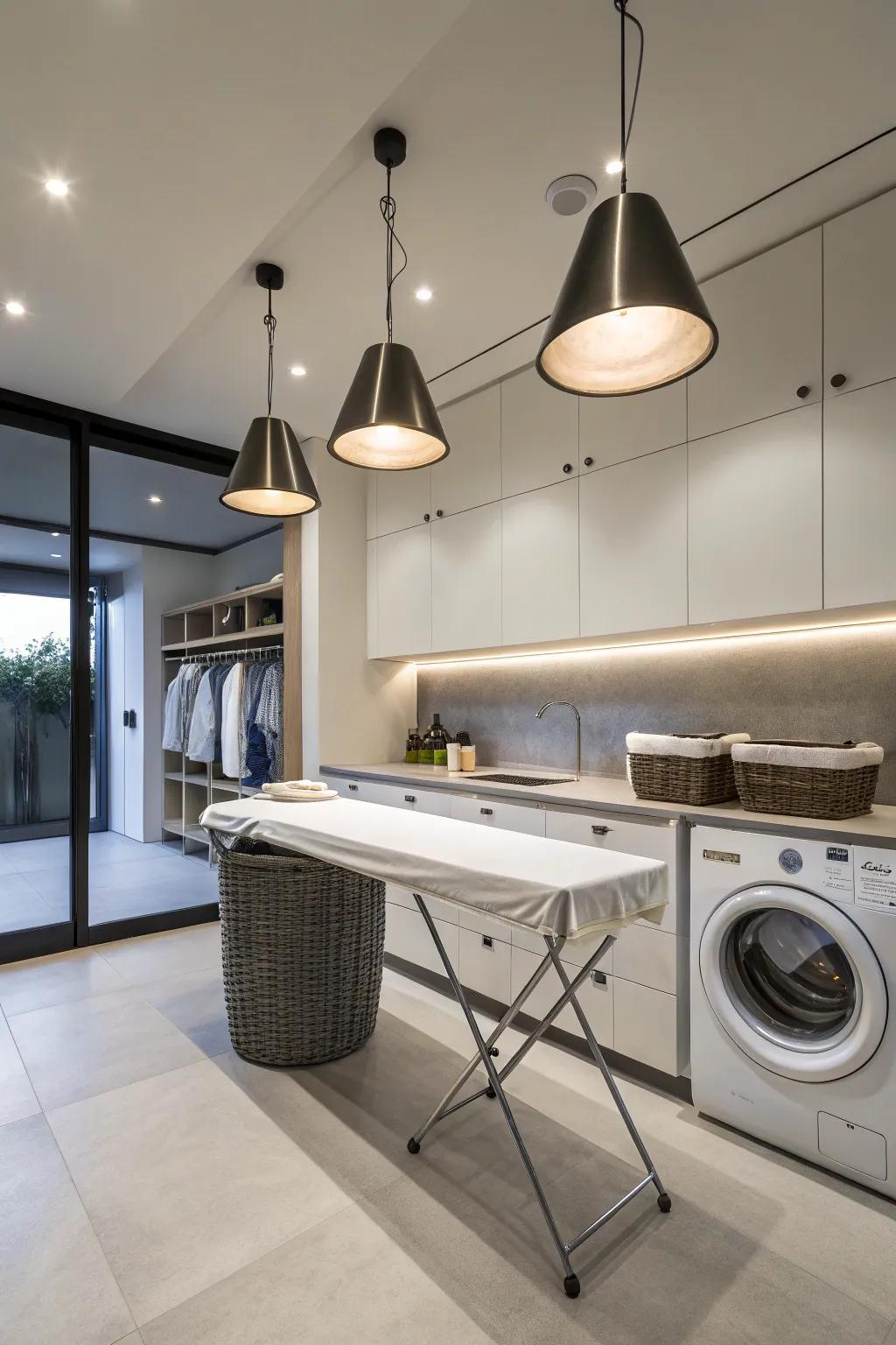 The fusion of elegance and practicality is showcased through chic pendant lighting in the laundry area.