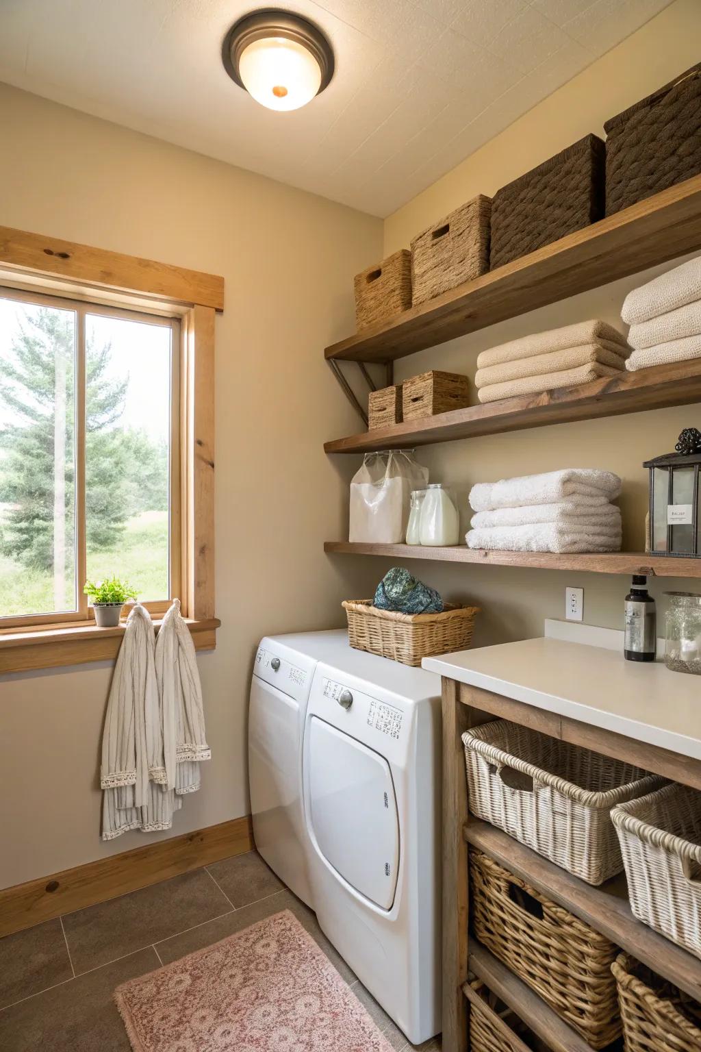 Soft neutral tones can make your laundry space feel open and inviting.