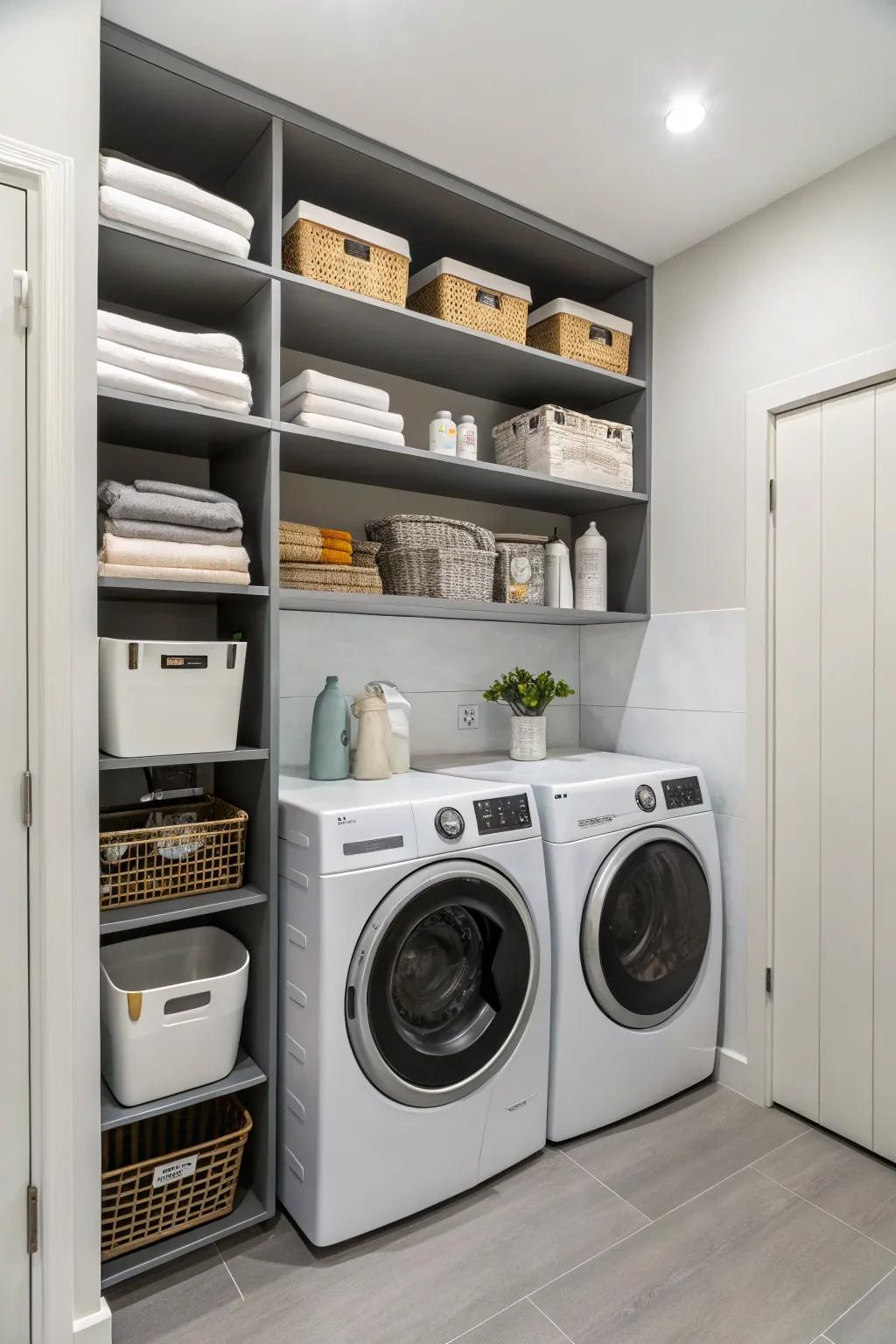 Make the most of vertical space by placing shelves above your washing and drying machines.