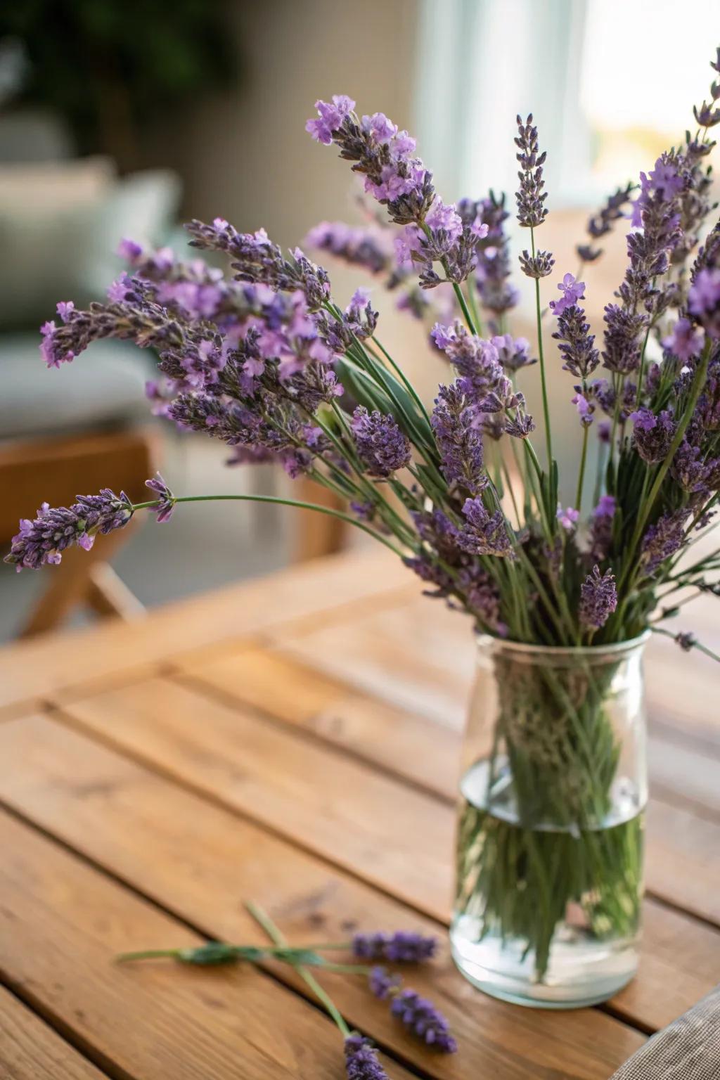 A straightforward yet sophisticated display of lavender in a floral design.