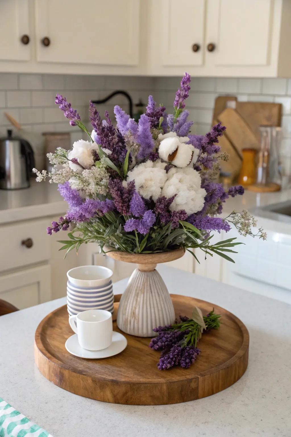 A lazy Susan displaying an attractive floral exhibit with lavender and cotton.