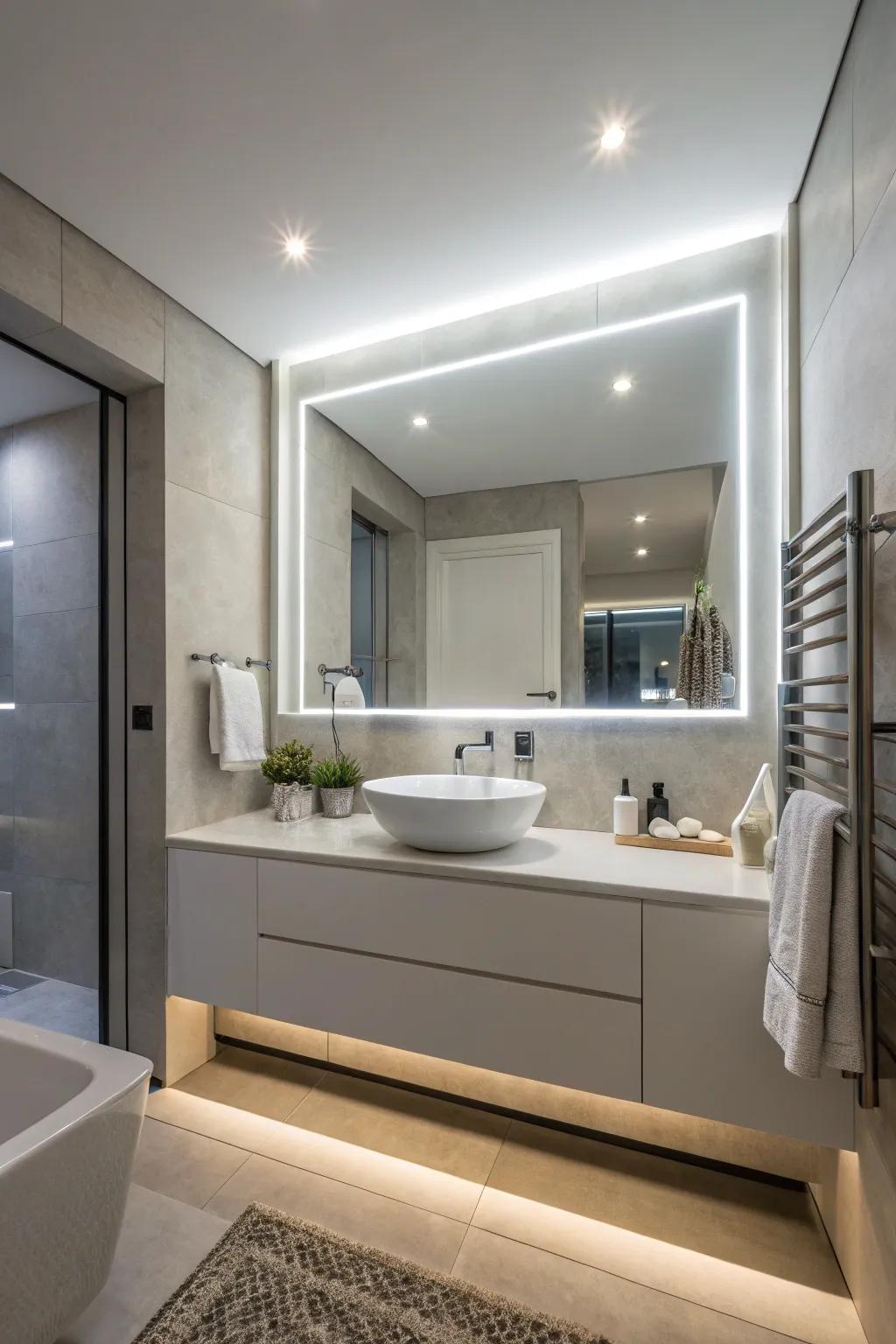 An illuminated back panel reflection casts a cozy radiance in a contemporary washroom.
