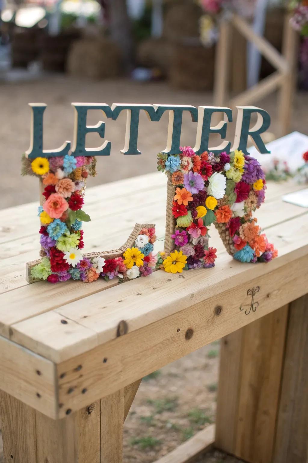A letter exquisitely adorned with lively artificial blooms.