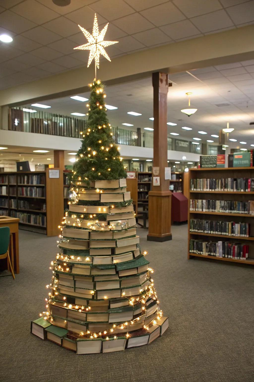 Craft an enchanting book Christmas tree to captivate your library's visitors.