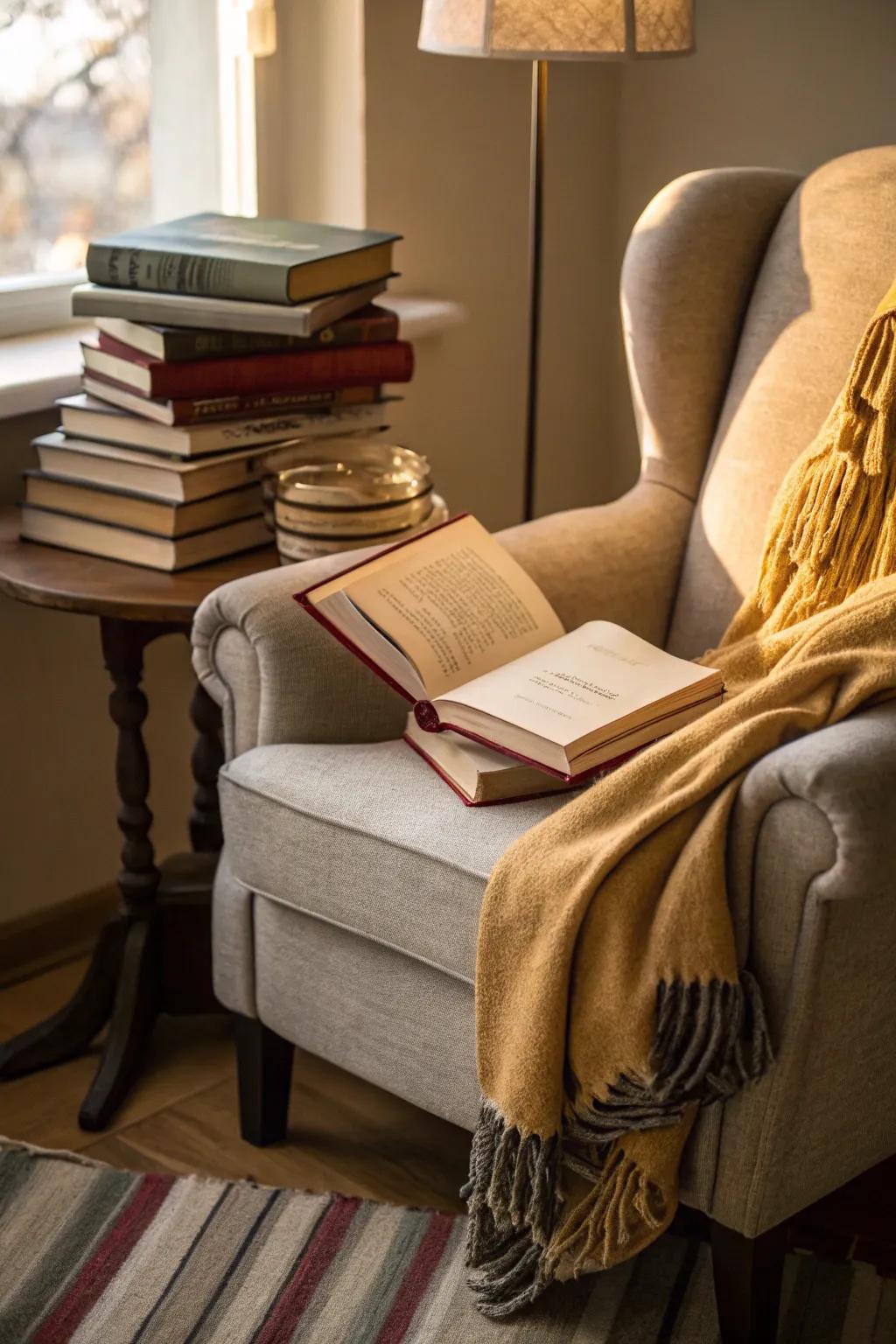 An intimate reading space featuring a comfortable armchair and a selection of books.