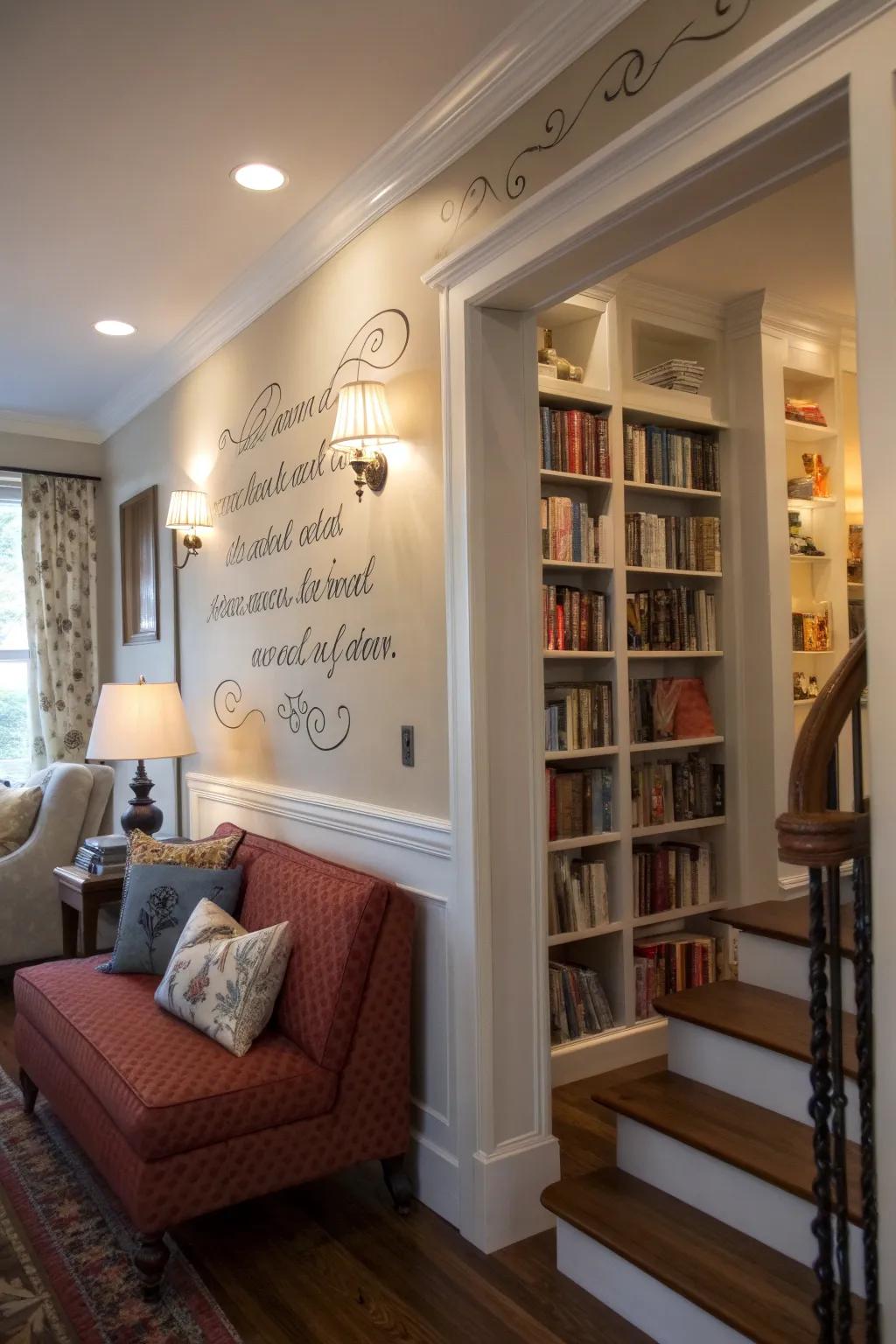 A wall featuring inspiring words can establish the ideal ambiance for your reading area.