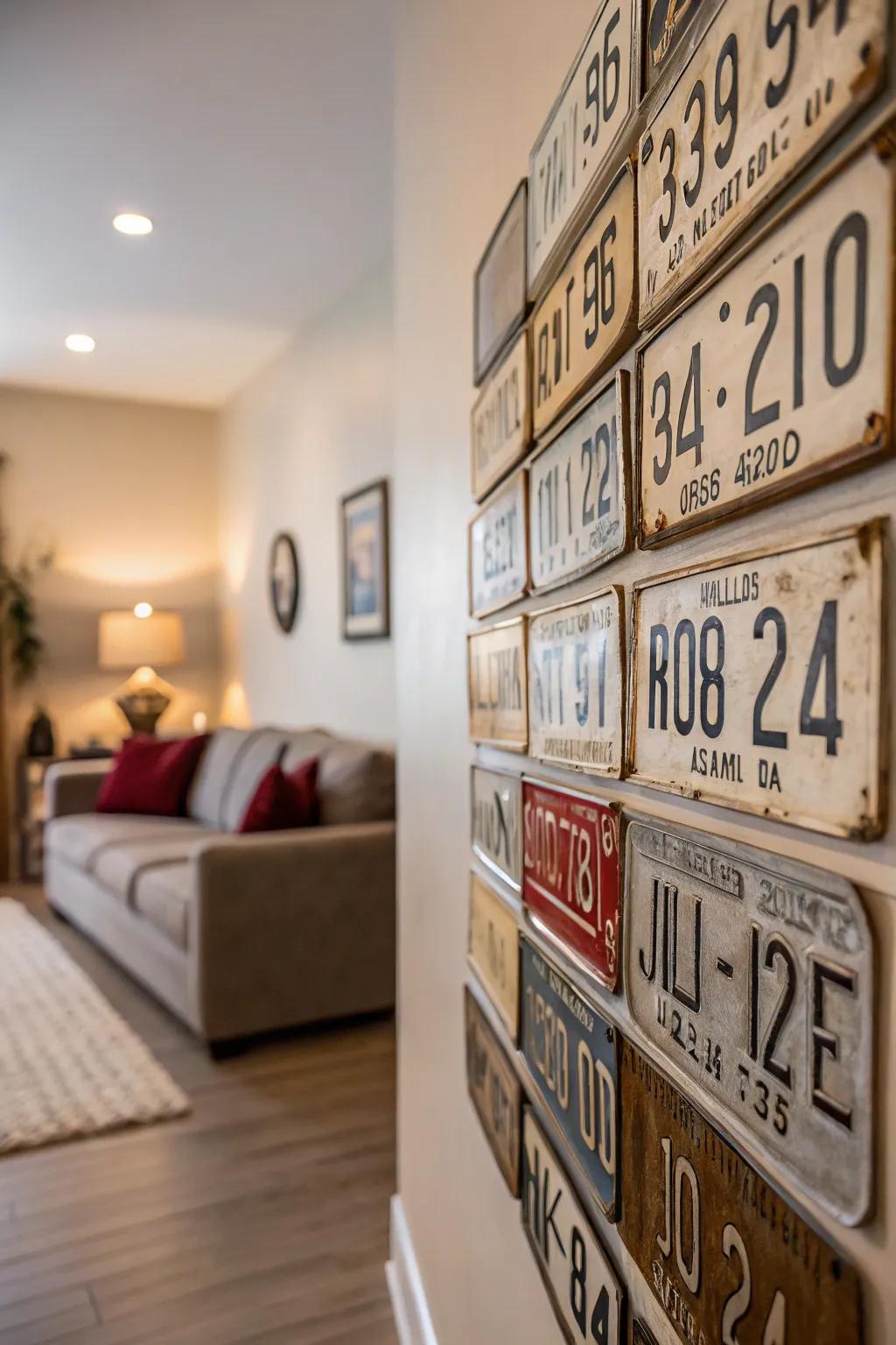 A well-organized grid using old registration plates creates a captivating point of interest.