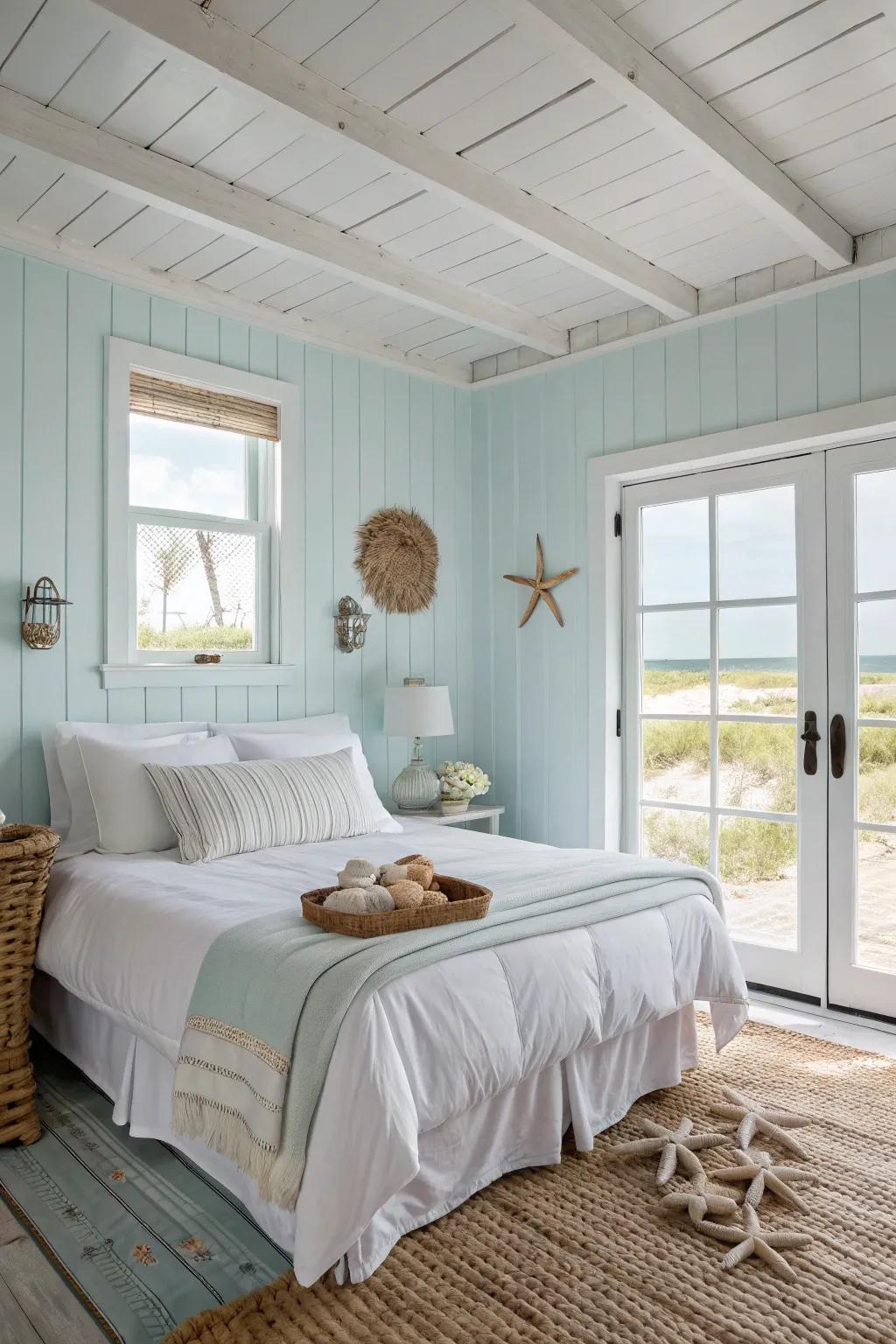 A coastal bedroom showcases light blue walls and crisp white bedding, evoking a refreshing retreat.