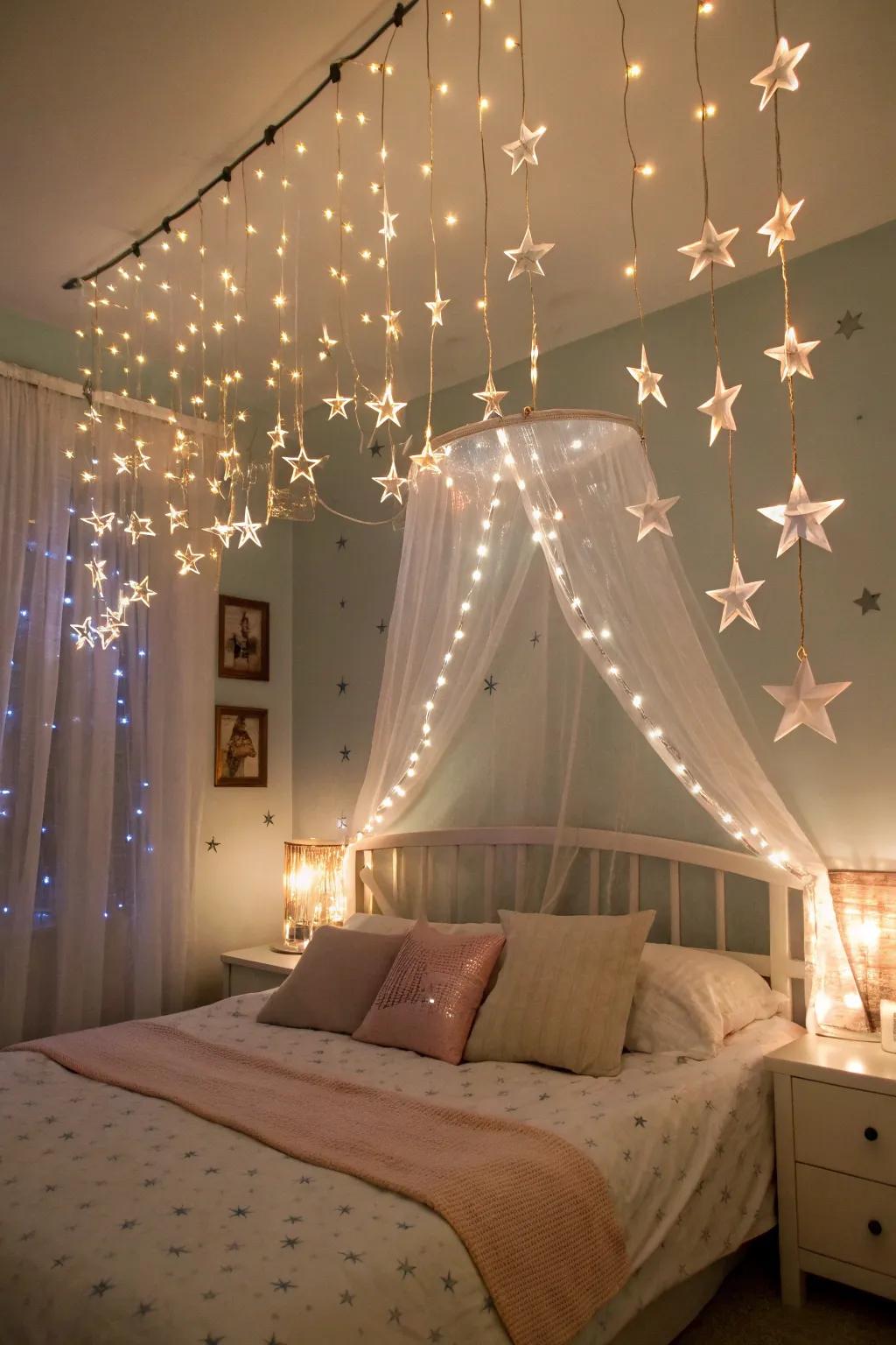 A restful bedroom transformed with a canopy of soft lighting.