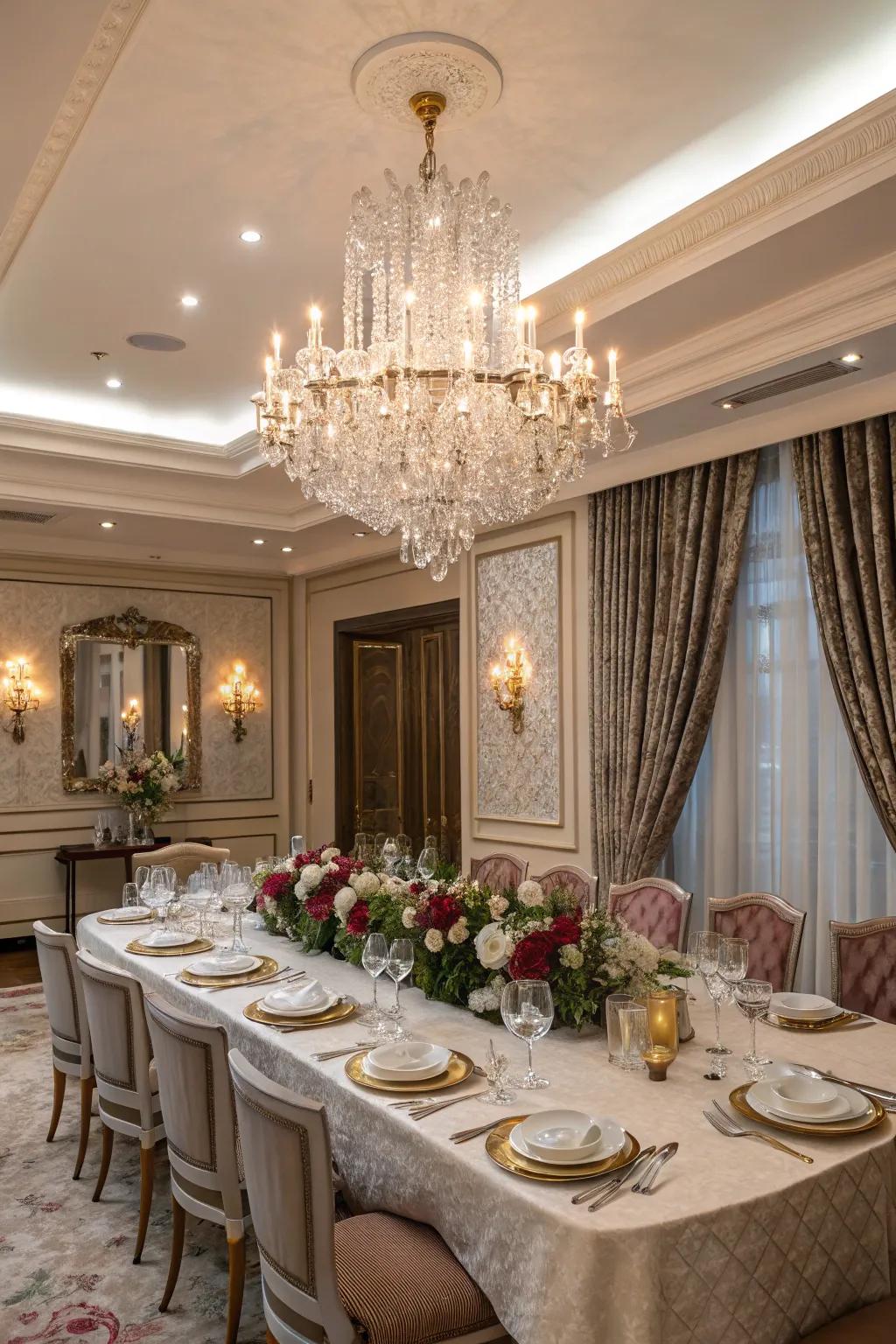A vintage crystal chandelier brings enduring sophistication to your dining area.