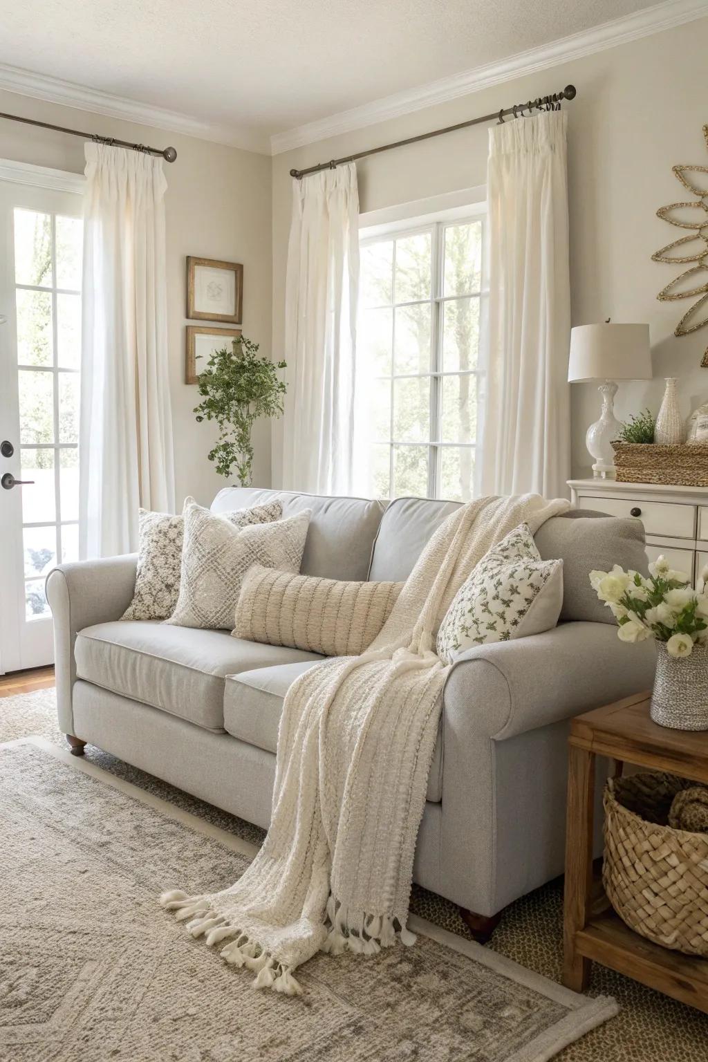 A relaxing neutral palette enhanced by a muted stone sofa as its focal point.