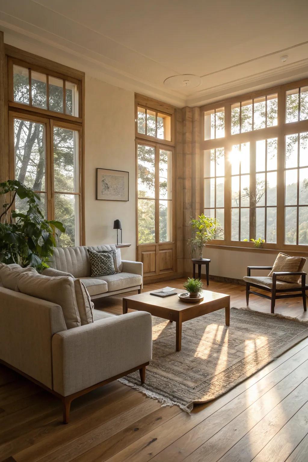 A living room that beautifully harnesses natural light, enhancing the room's openness thanks to the light wood floors.