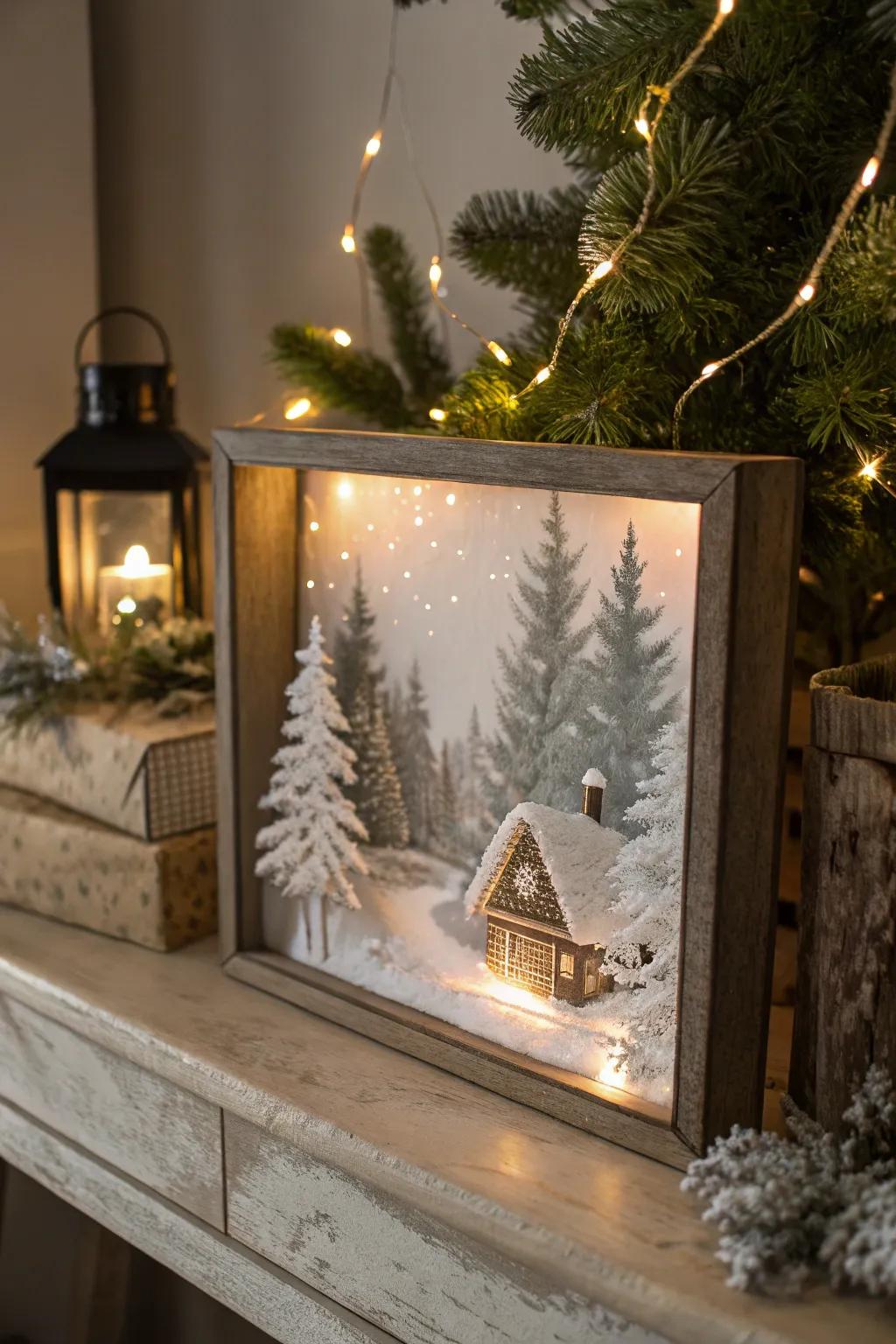A cozy winter scene in a lighted diorama