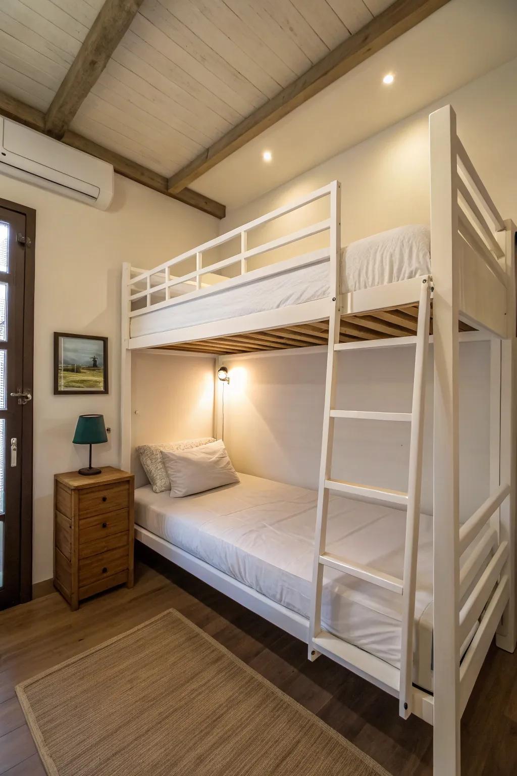 Maximizing vertical space with a tall bunk bed to free up floor area.