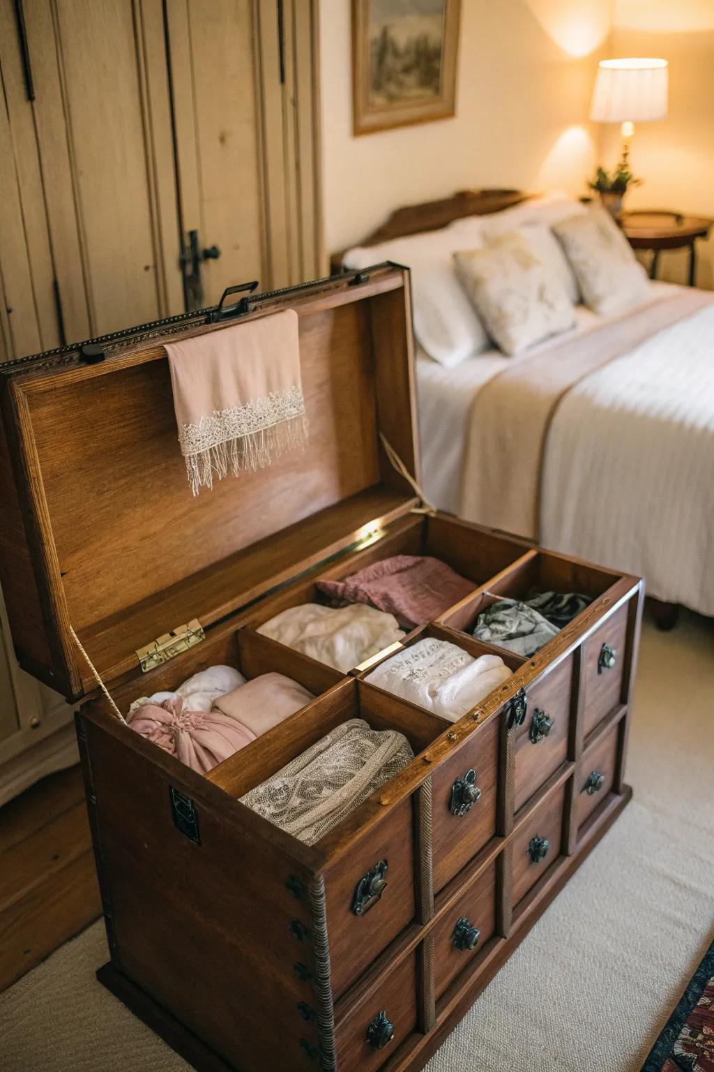 A classic trunk serves as a fashionable yet functional lingerie storage option.