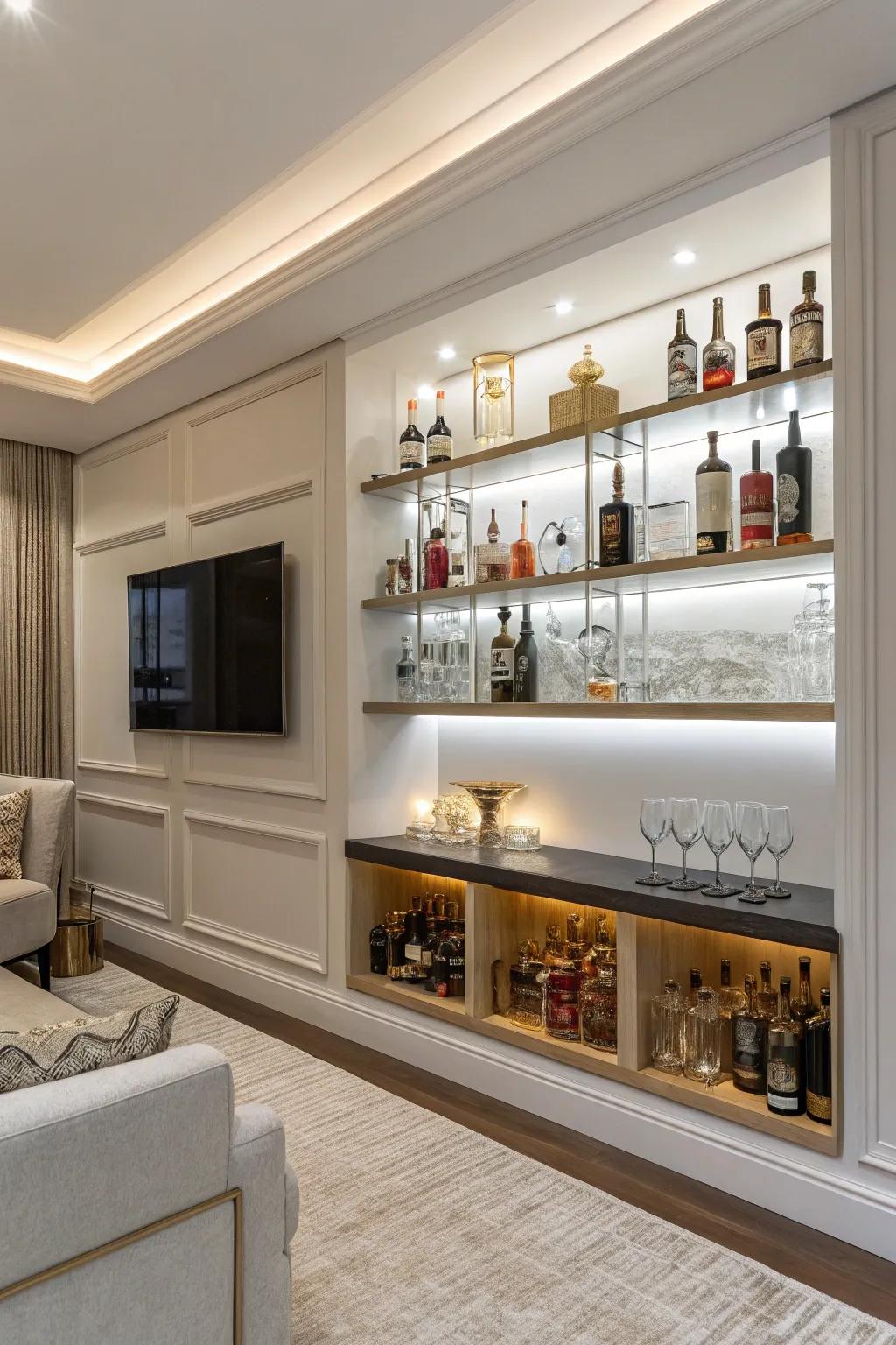 Elegant floating shelves for liquor display.
