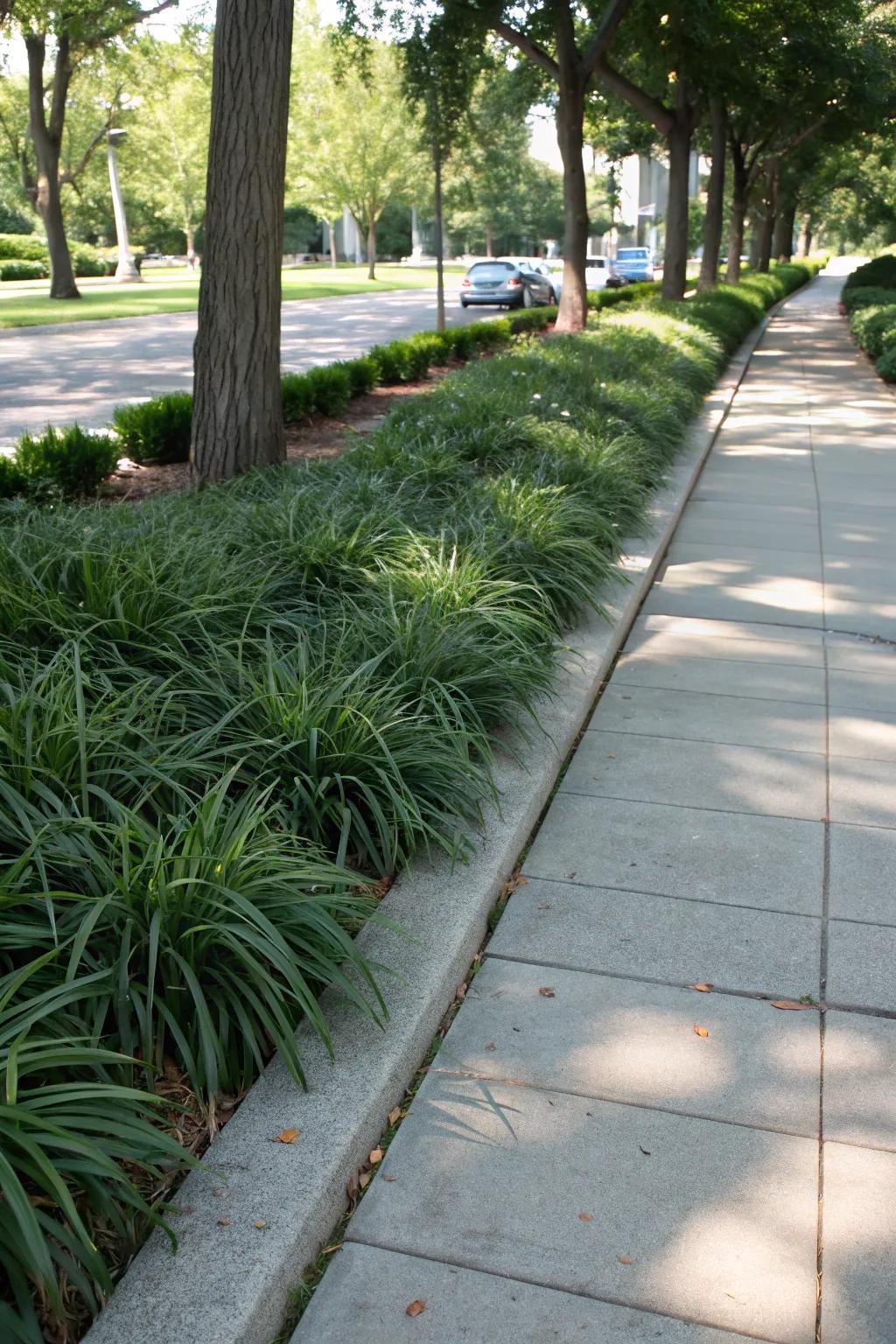 Sidewalk adorned with liriope, offering a welcoming transition to the garden.