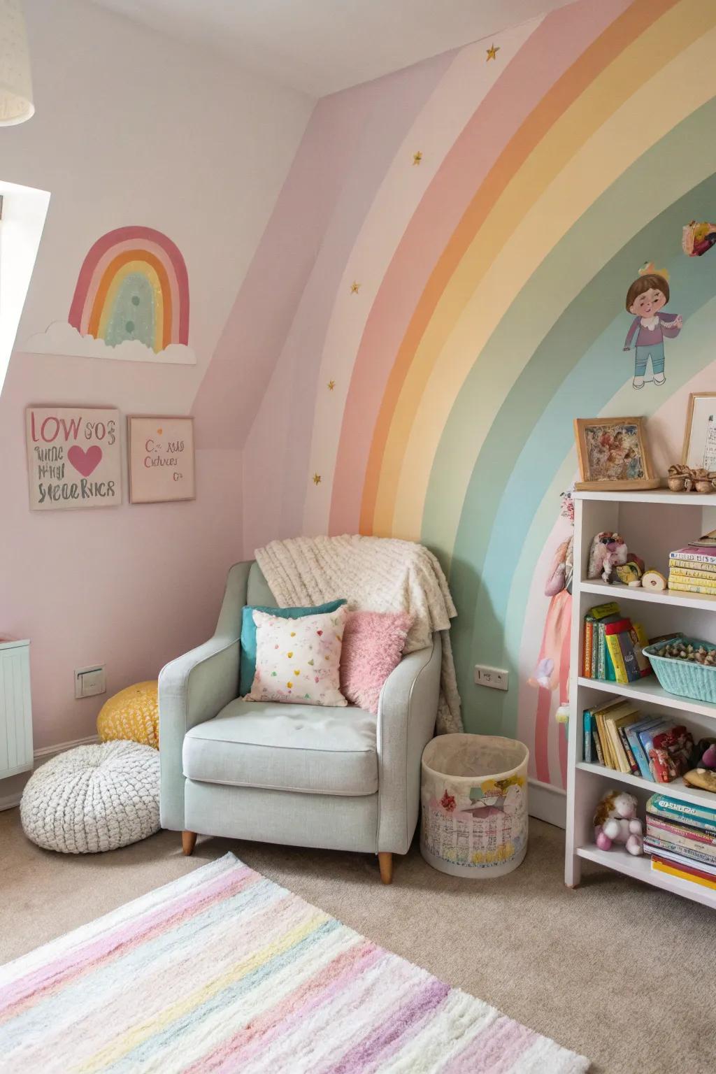 A delicate rainbow wall lending a hint of enchantment to a girl's chamber.