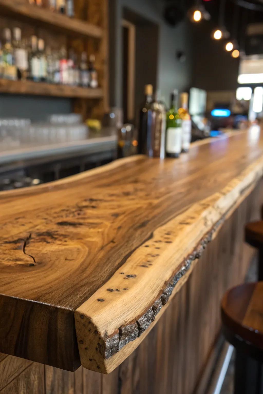 A focused perspective of a live edge bar, emphasizing the detailed organic grain and feel of the wood.
