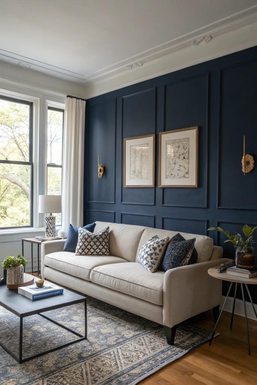 A navy-colored accent wall enriches the depth and sophistication of this modern living room.